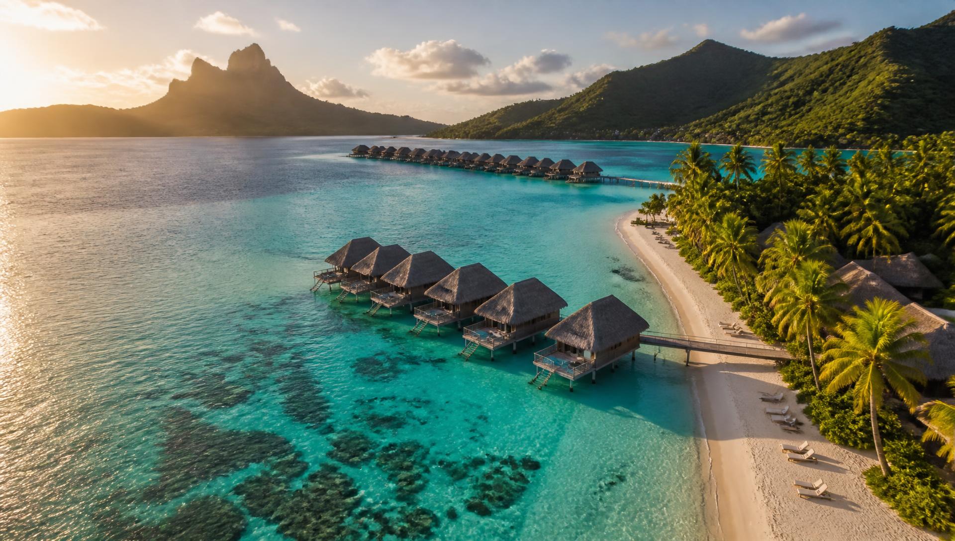 Laguna turquesa con palmeras y bungalows sobre el agua al atardecer